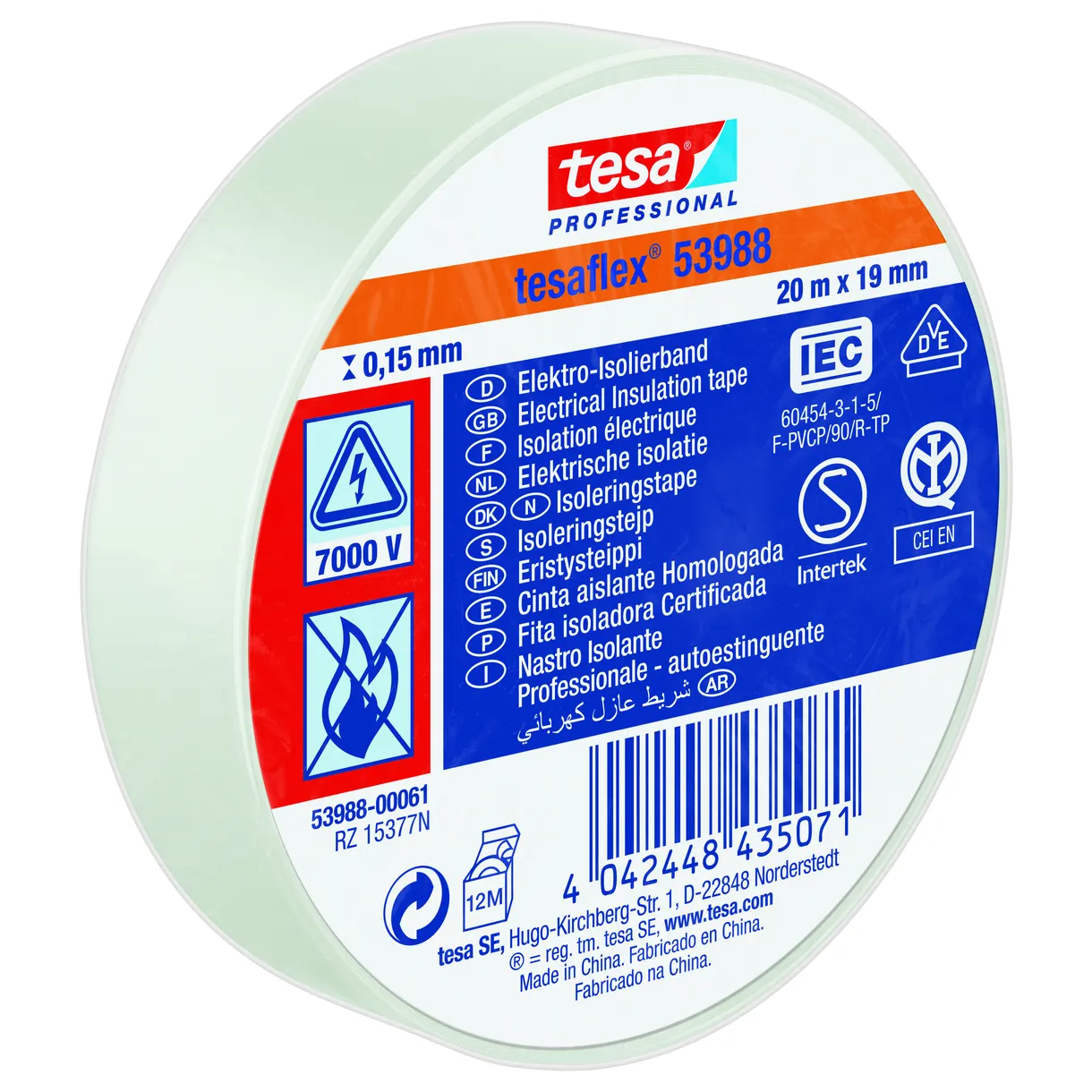 ISOLERINGSTEJP 53988 TESA VIT 19MM 20M