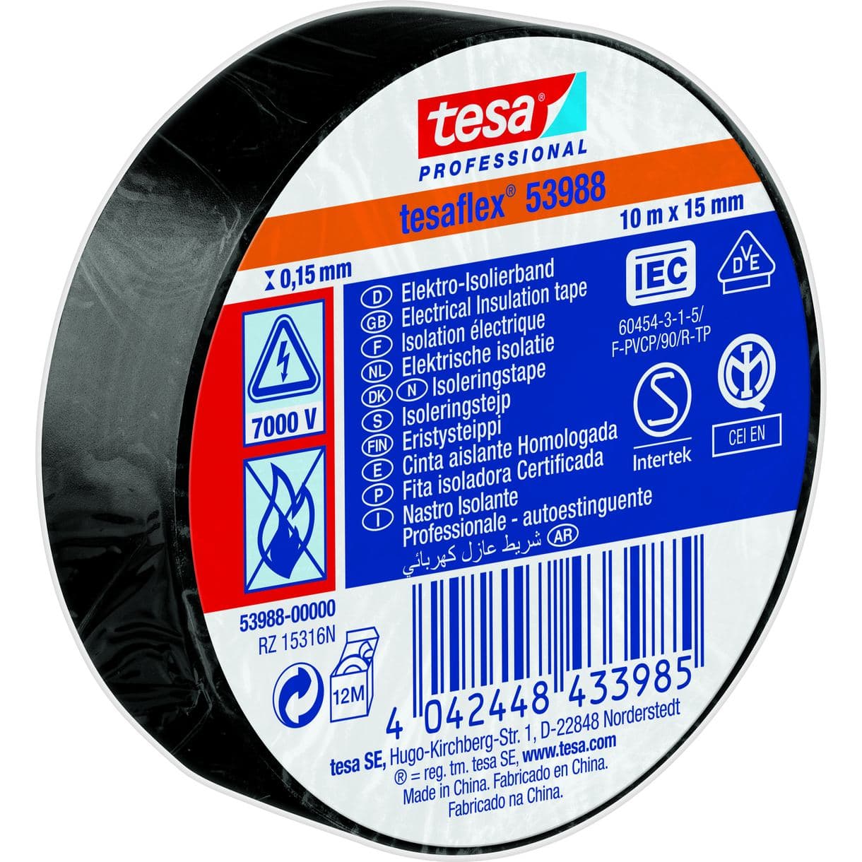 ISOLERINGSTEJP 53988 TESA SVART 15MM 10M