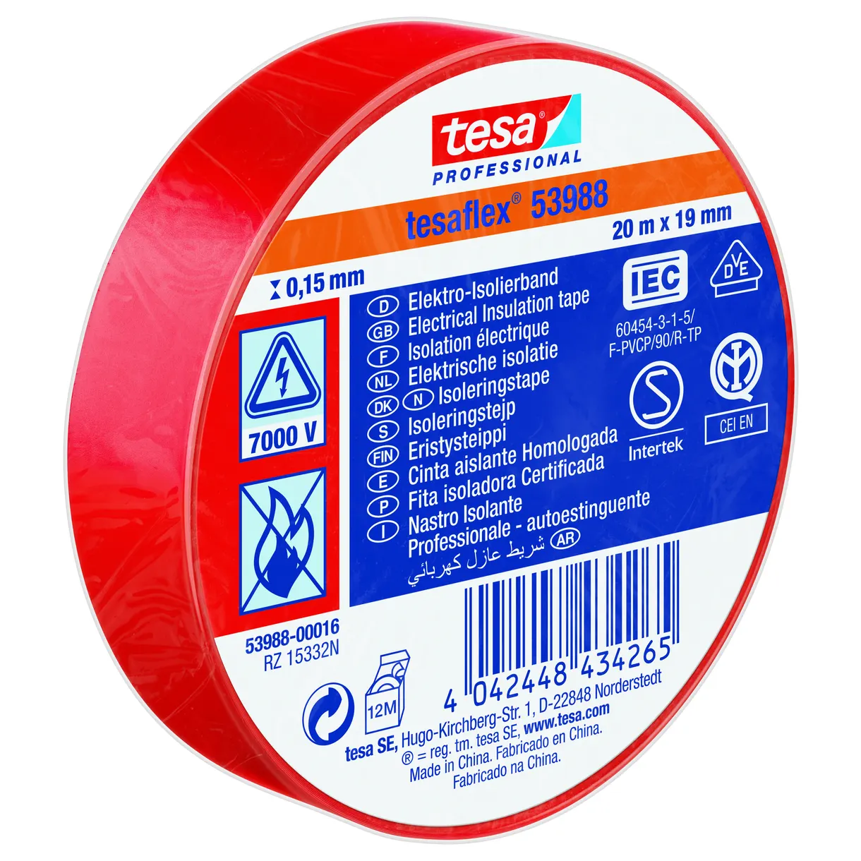 ISOLERINGSTEJP 53988 TESA RÖD 19MM 20M