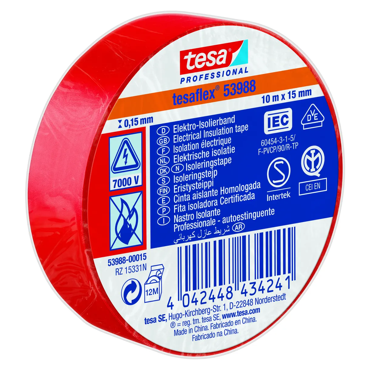 ISOLERINGSTEJP 53988 TESA RÖD 15MM 10M