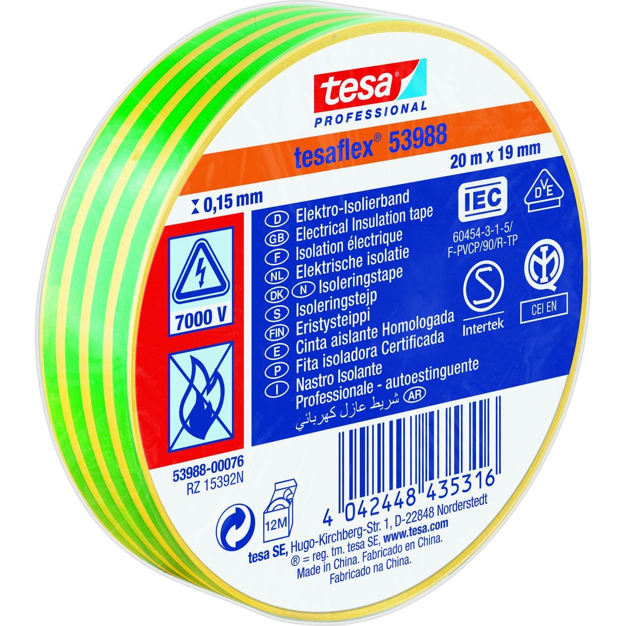 ISOLERINGSTEJP 53988 TESA GRÖN/GUL 19MM 20M