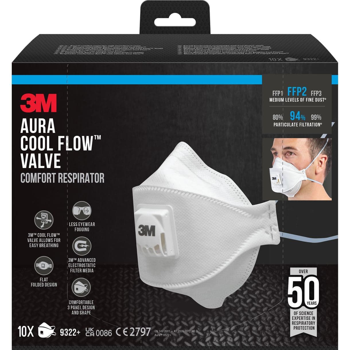 ANDNINGSSKYDD 9322 +AURA FFP2 MED VENTIL 10ST
